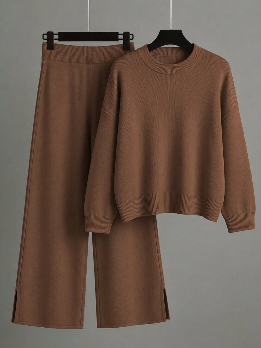 Coffee Brown Casual Women's Crew Neck Long Sleeve sweater top And Pants set